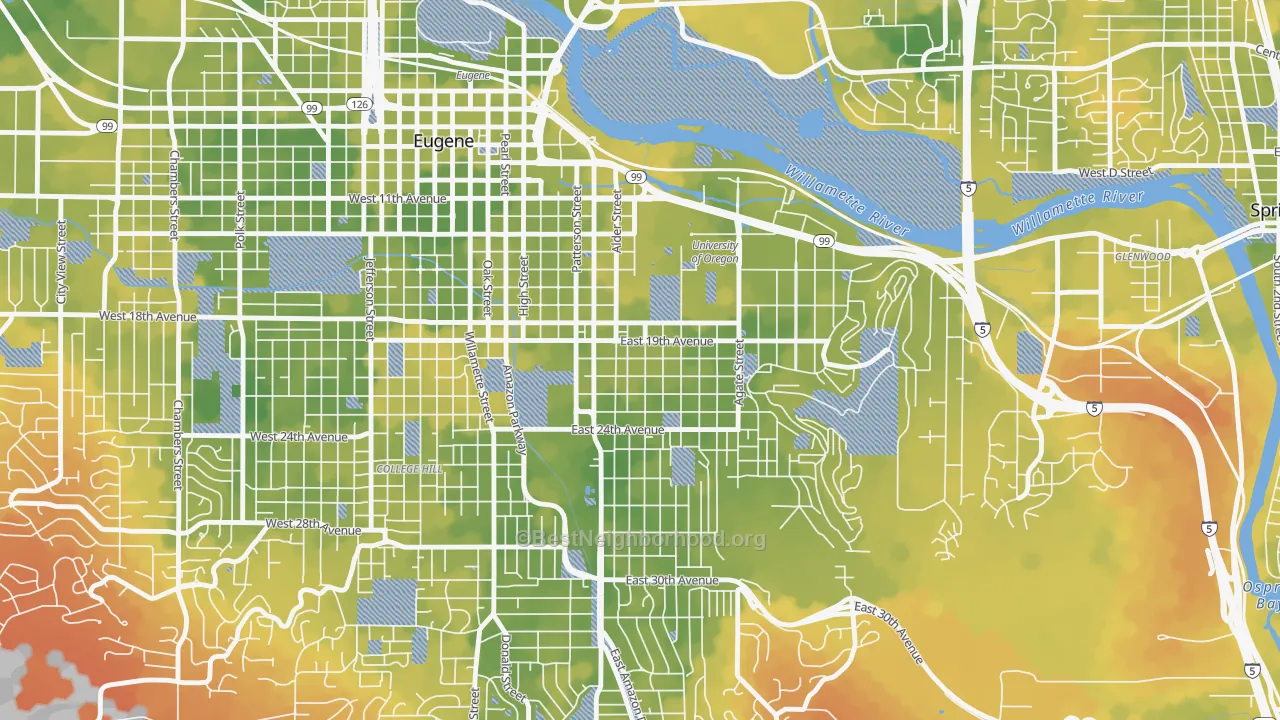 Bike Grade map of South University, Eugene, OR