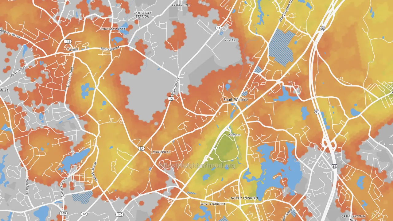 Bike Grade map of South Walpole, MA