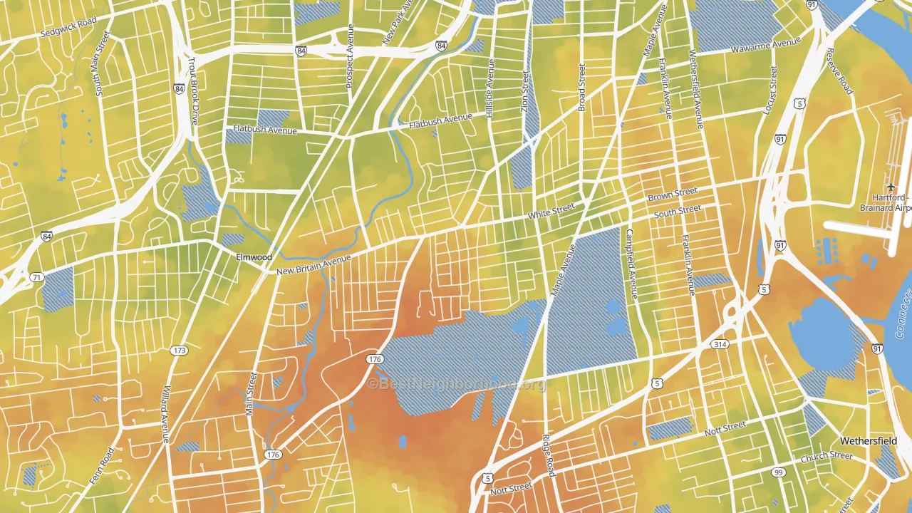 Bike Grade map of South West, Hartford, CT