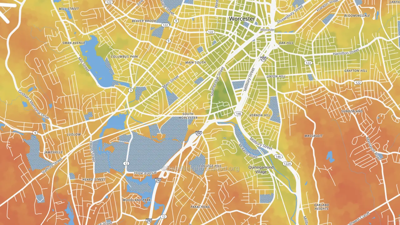 Bike Grade map of South Worcester, Worcester, MA