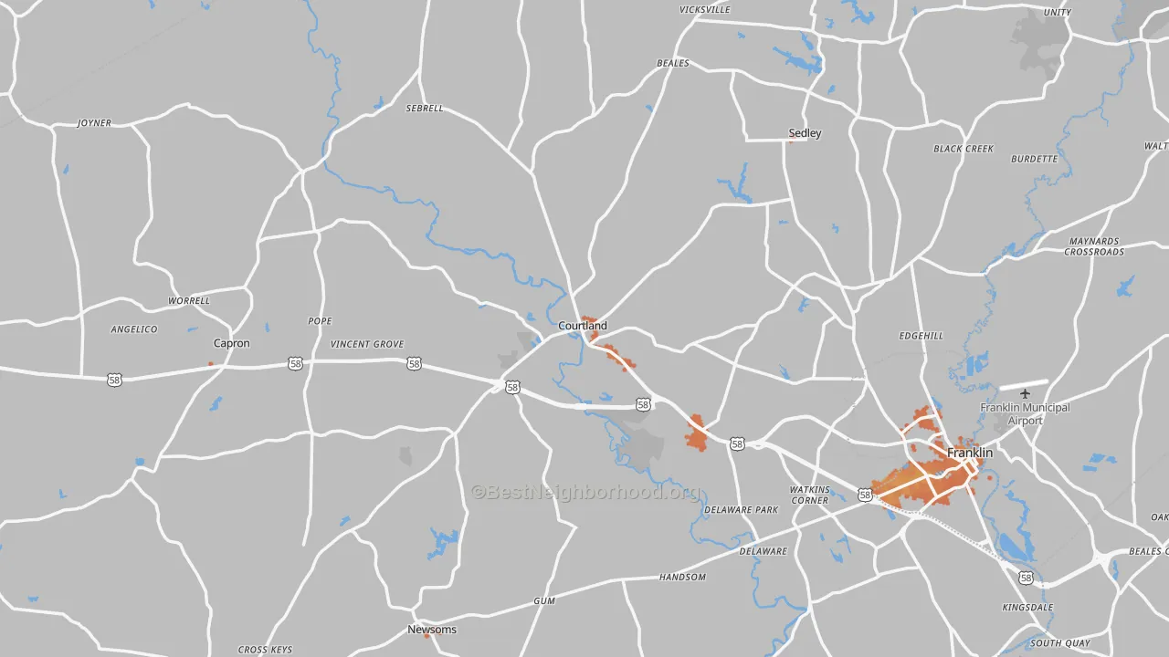 Bike Grade map of Southampton County, VA