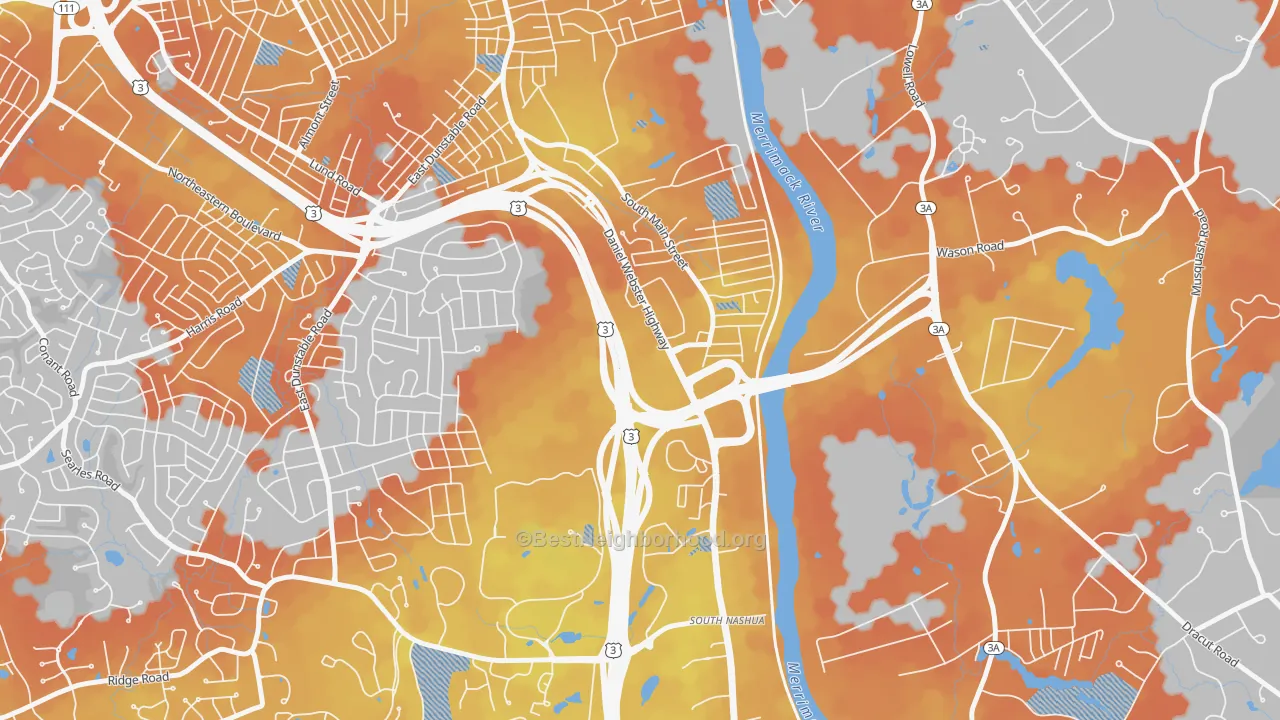 Bike Grade map of Southeast Nashua, Nashua, NH