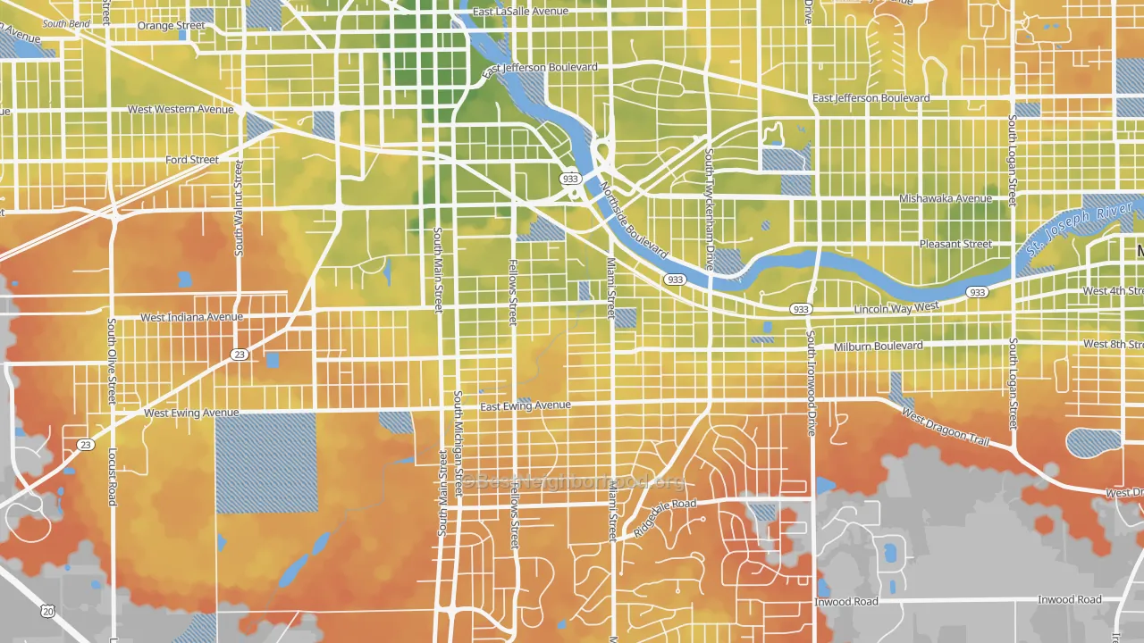 Bike Grade map of Southeast Quality, South Bend, IN