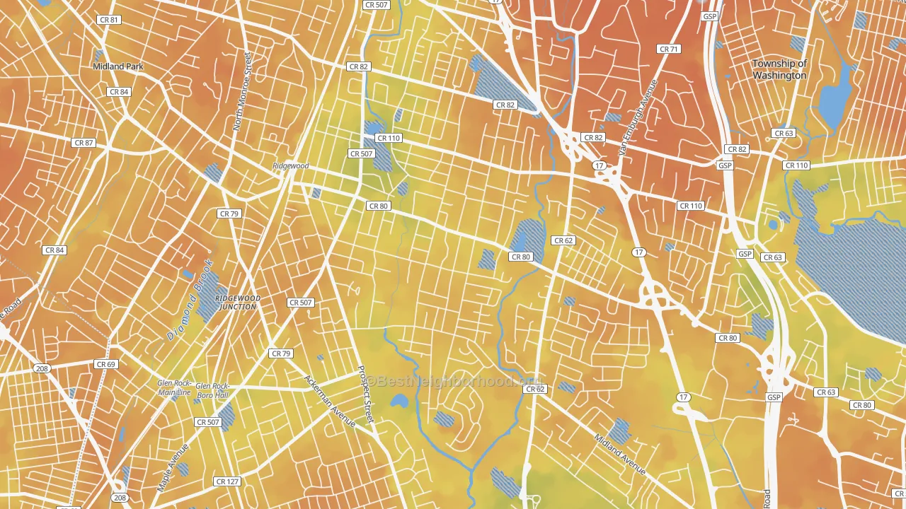 Bike Grade map of Southeast Ridgewood, Ridgewood, NJ