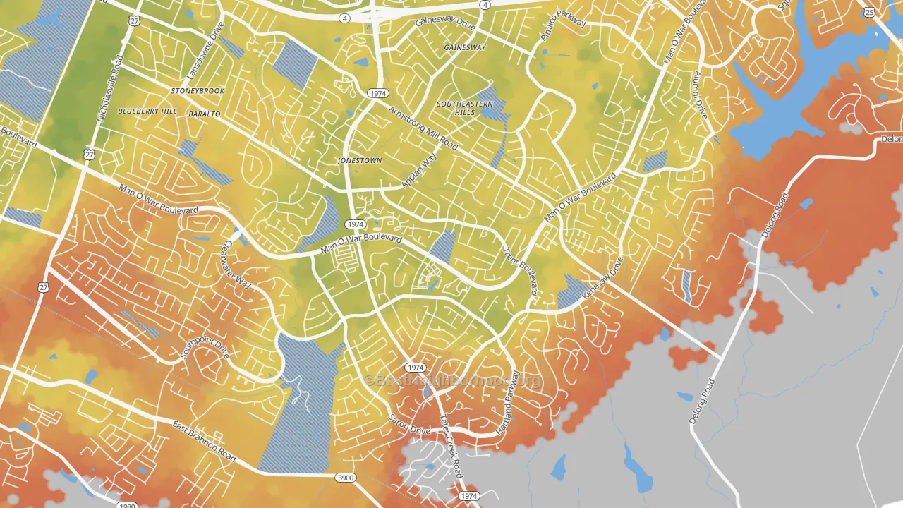 Bike Grade map of Southeastern Hills, Lexington, KY