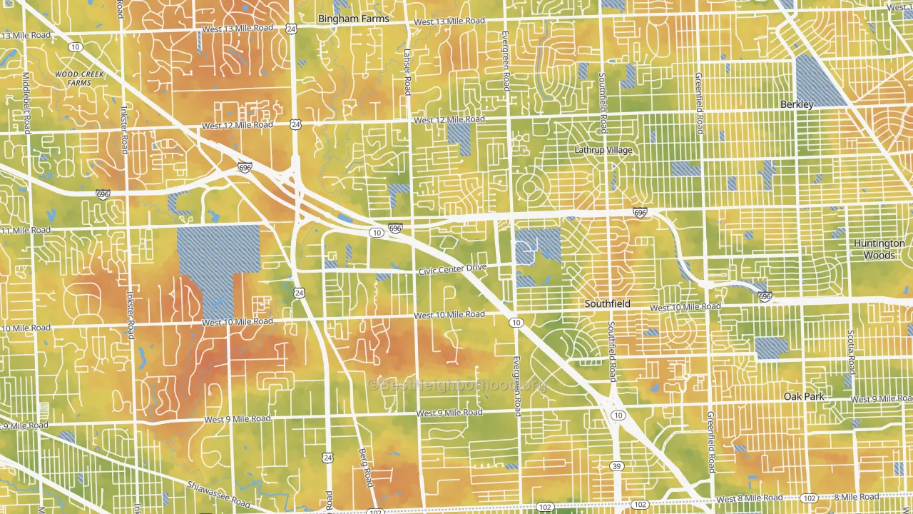 Bike Grade map of Southfield, MI