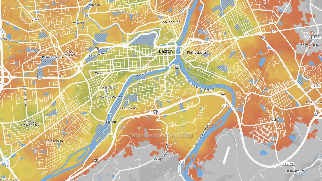 Bike Grade map of Southside, Easton, PA