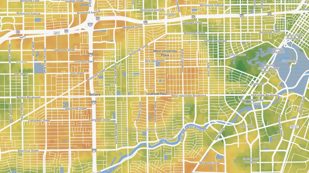 Bike Grade map of Southside Place, TX