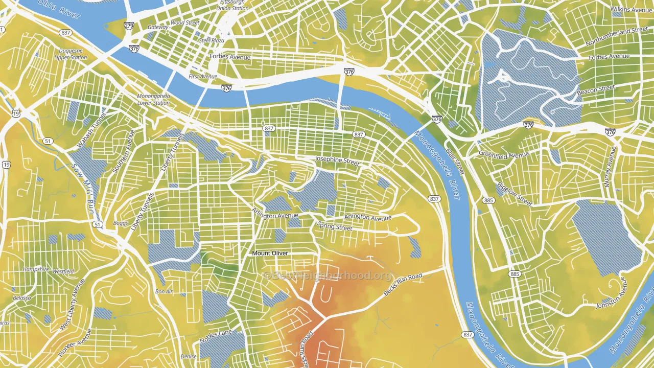 Bike Grade map of Southside Slopes, Pittsburgh, PA