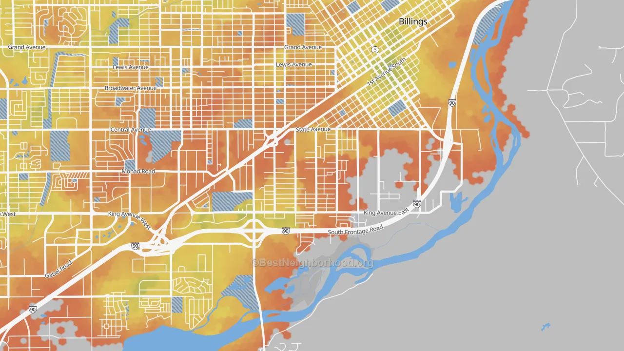 Bike Grade map of Southwest Corridor, Billings, MT