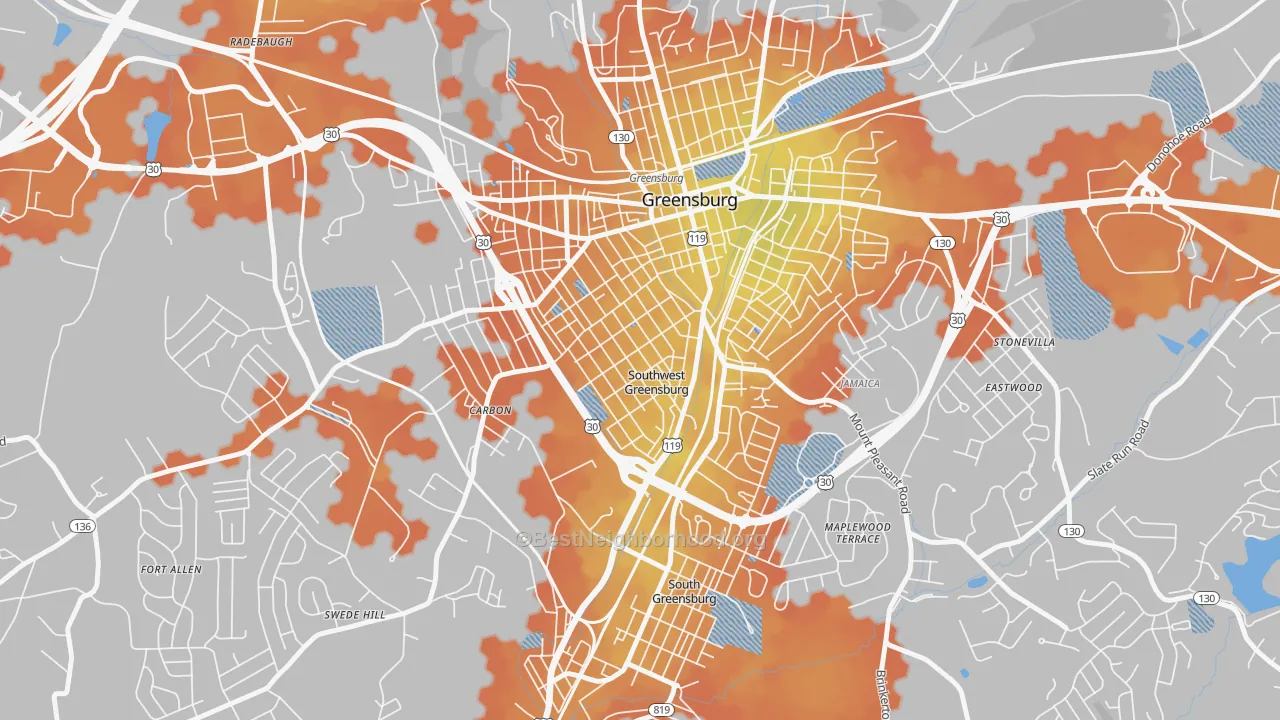 Bike Grade map of Southwest Greensburg, PA