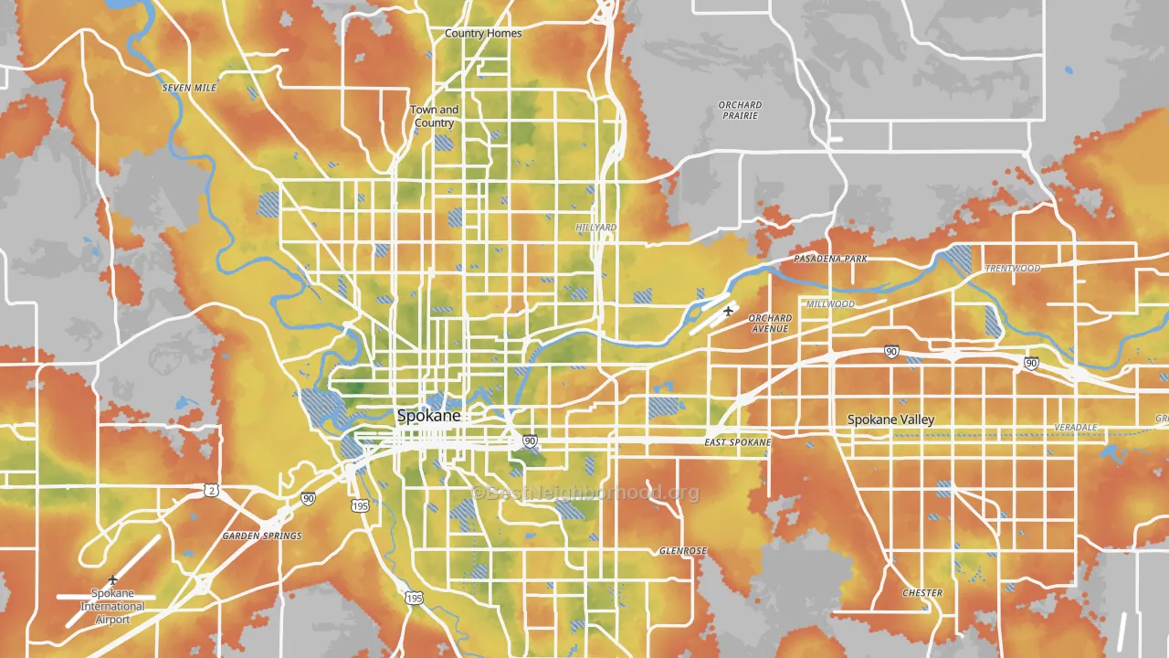 Bike Grade map of Spokane County, WA