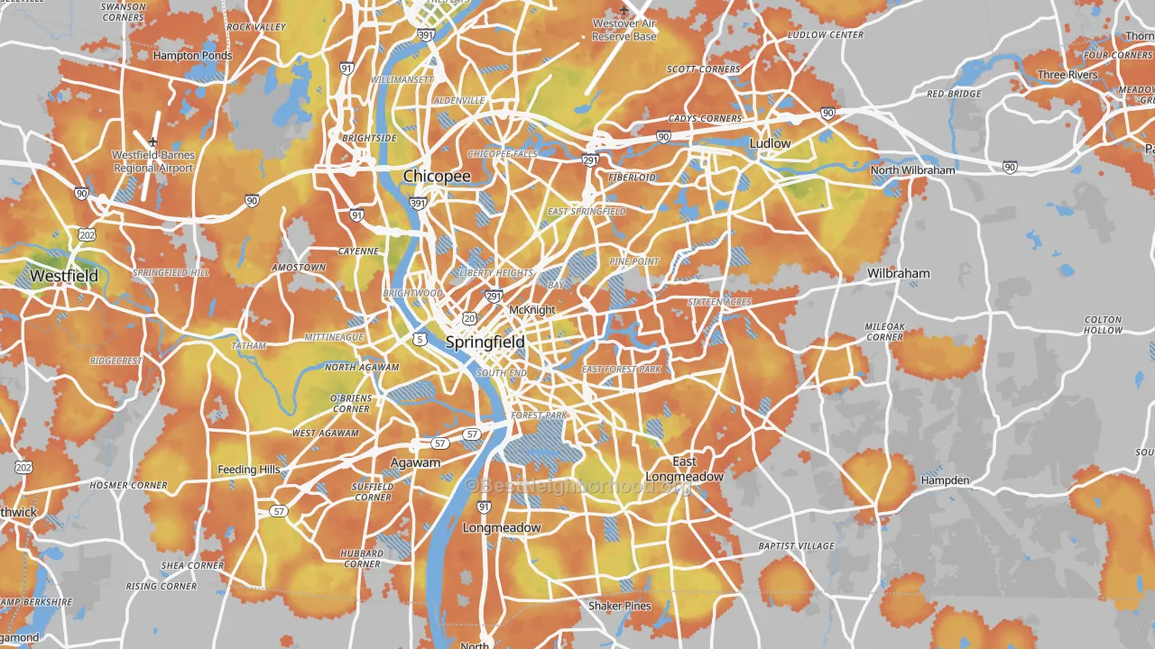 Bike Grade map of Springfield, MA