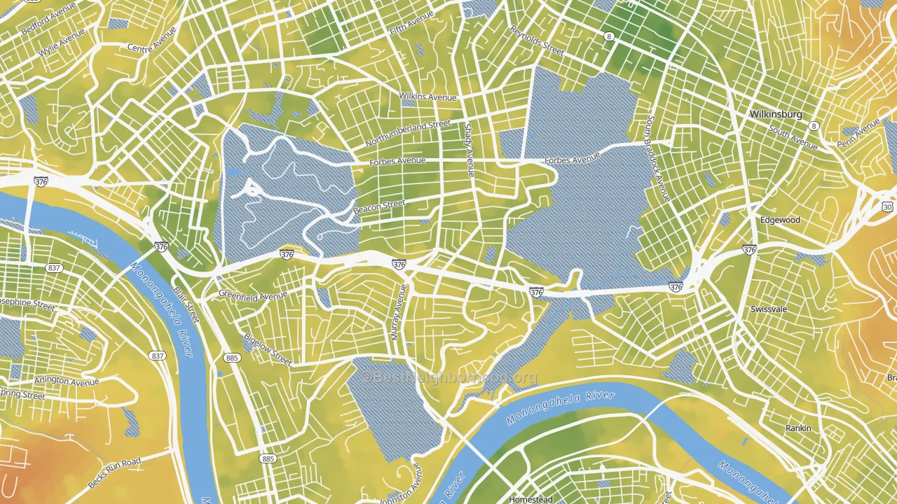 Bike Grade map of Squirrel Hill South, Pittsburgh, PA