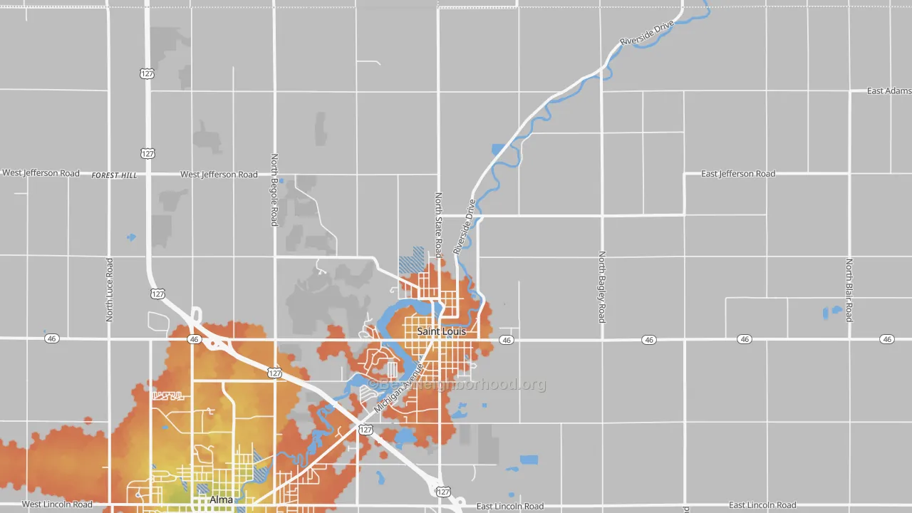 Bike Grade map of St. Louis, MI