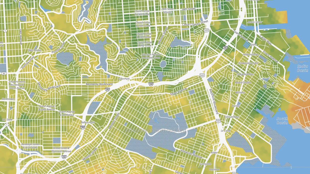 Bike Grade map of St Marys Park, San Francisco, CA