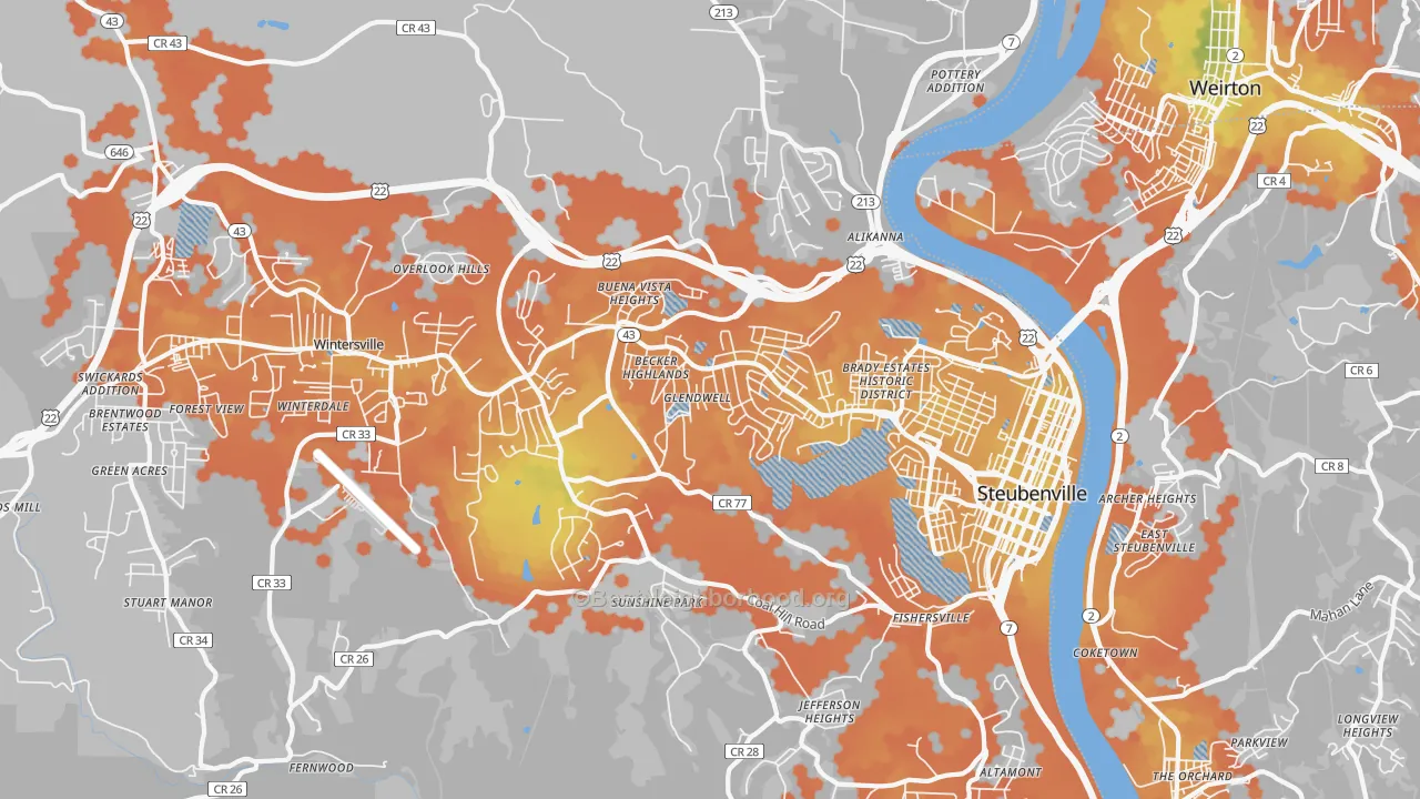Bike Grade map of Steubenville, OH