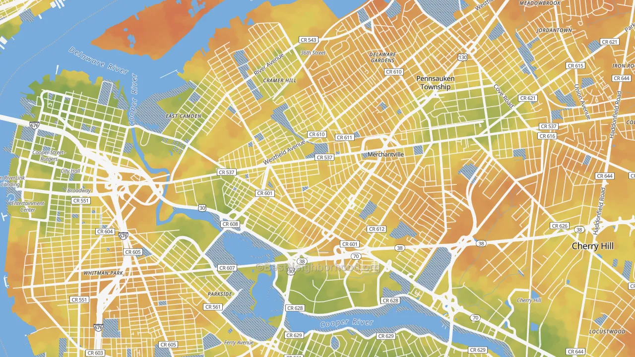 Bike Grade map of Stockton, Camden, NJ