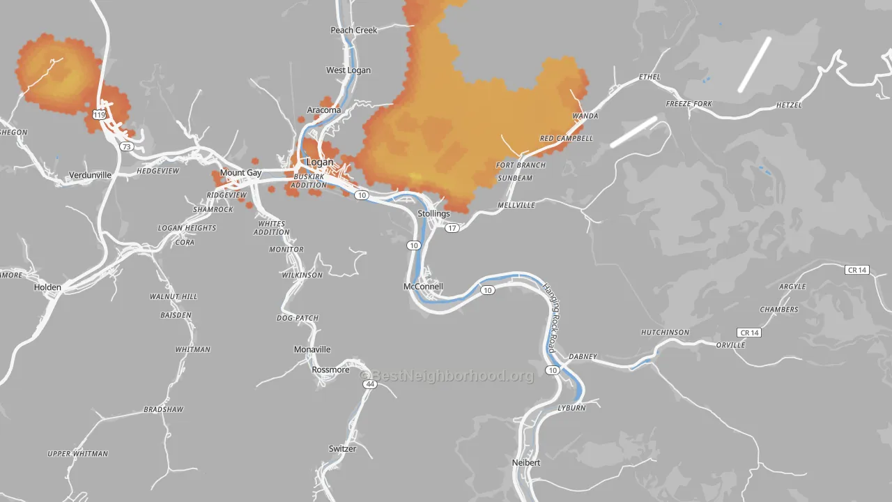 Bike Grade map of Stollings, WV