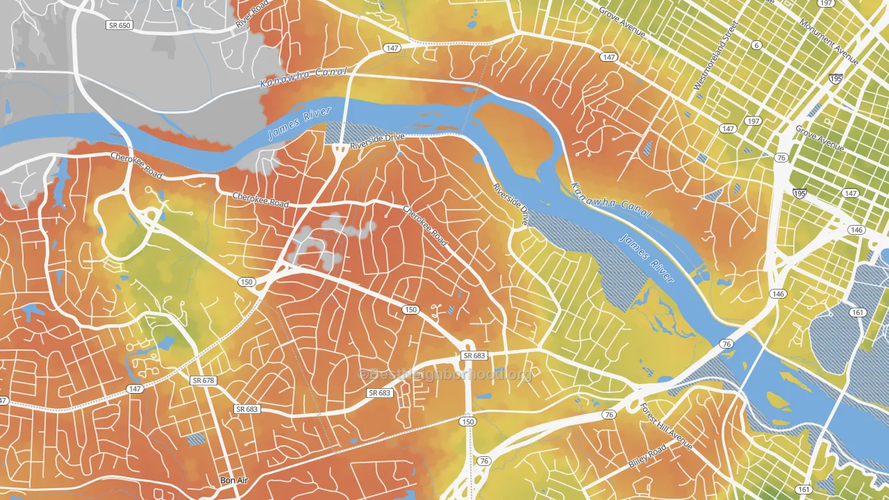 Bike Grade map of Stratford Hills, Richmond, VA