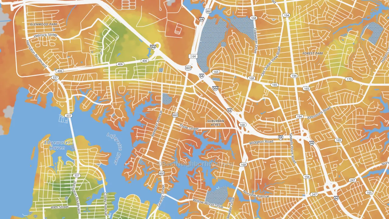Bike Grade map of Suburban Acres, Norfolk, VA