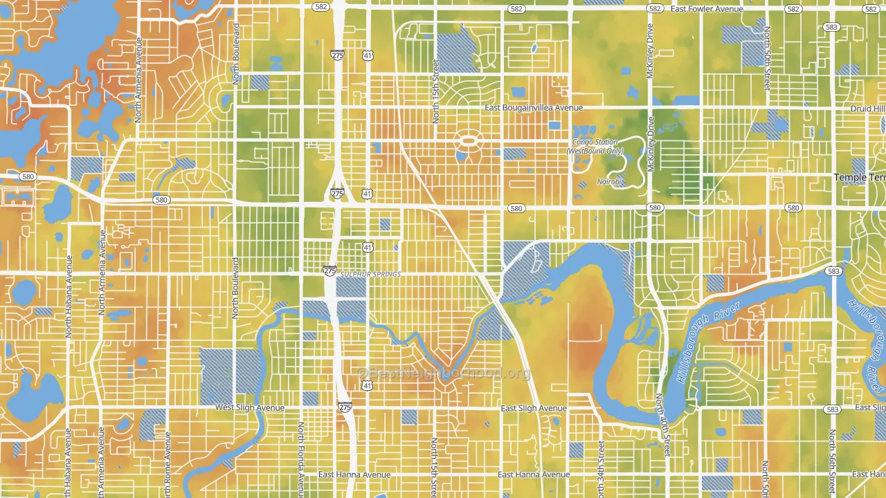 Bike Grade map of Sulphur Springs, Tampa, FL