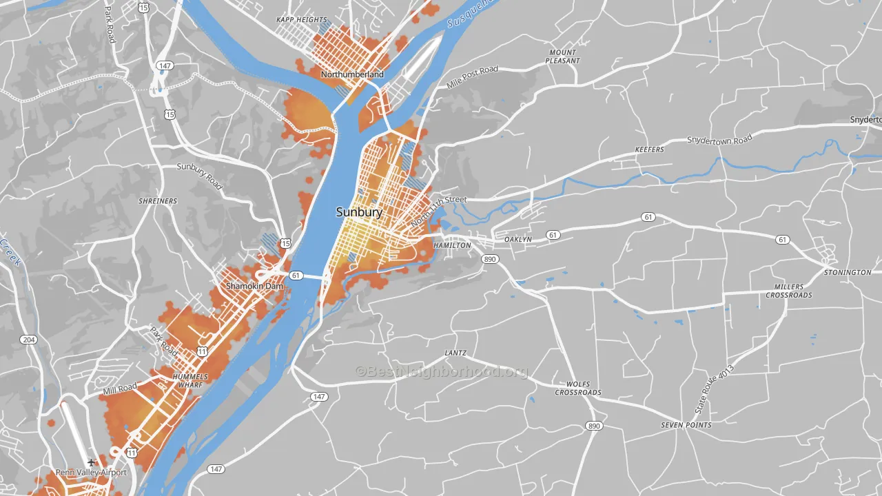 Bike Grade map of Sunbury, PA