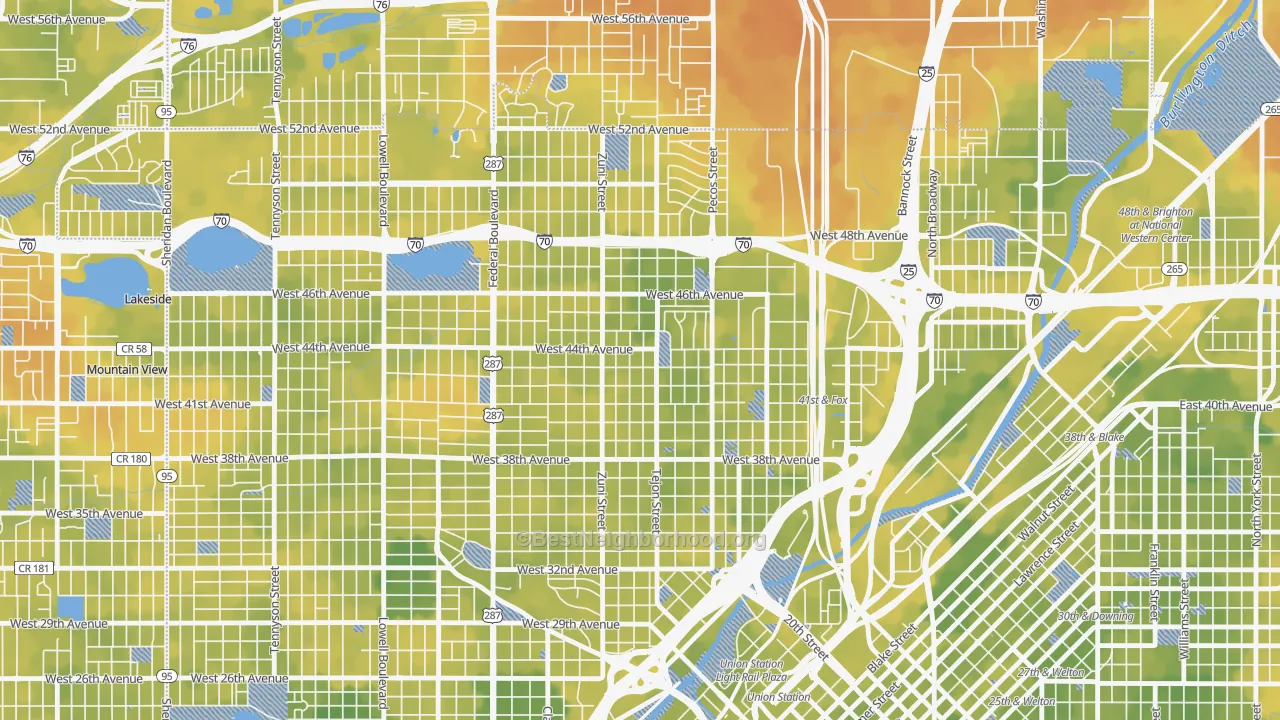 Bike Grade map of Sunnyside, Denver, CO
