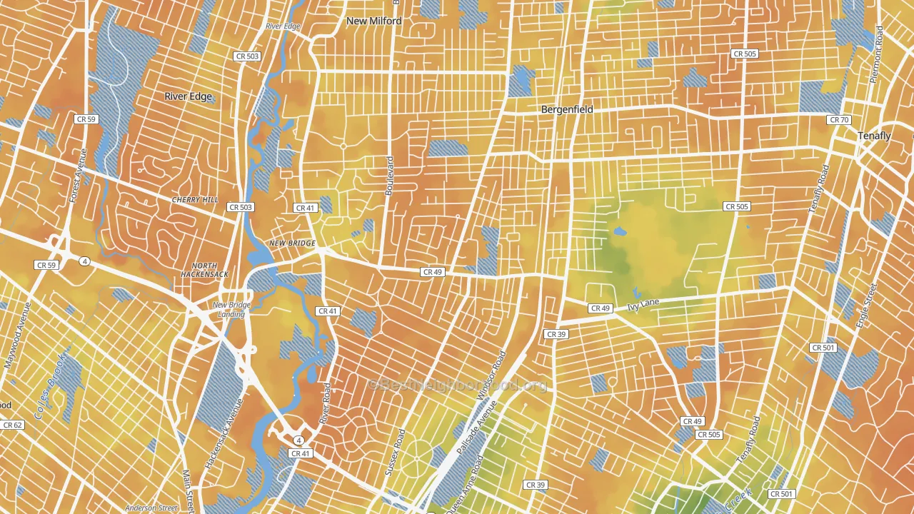 Bike Grade map of Surrey Lane, Bergenfield, NJ