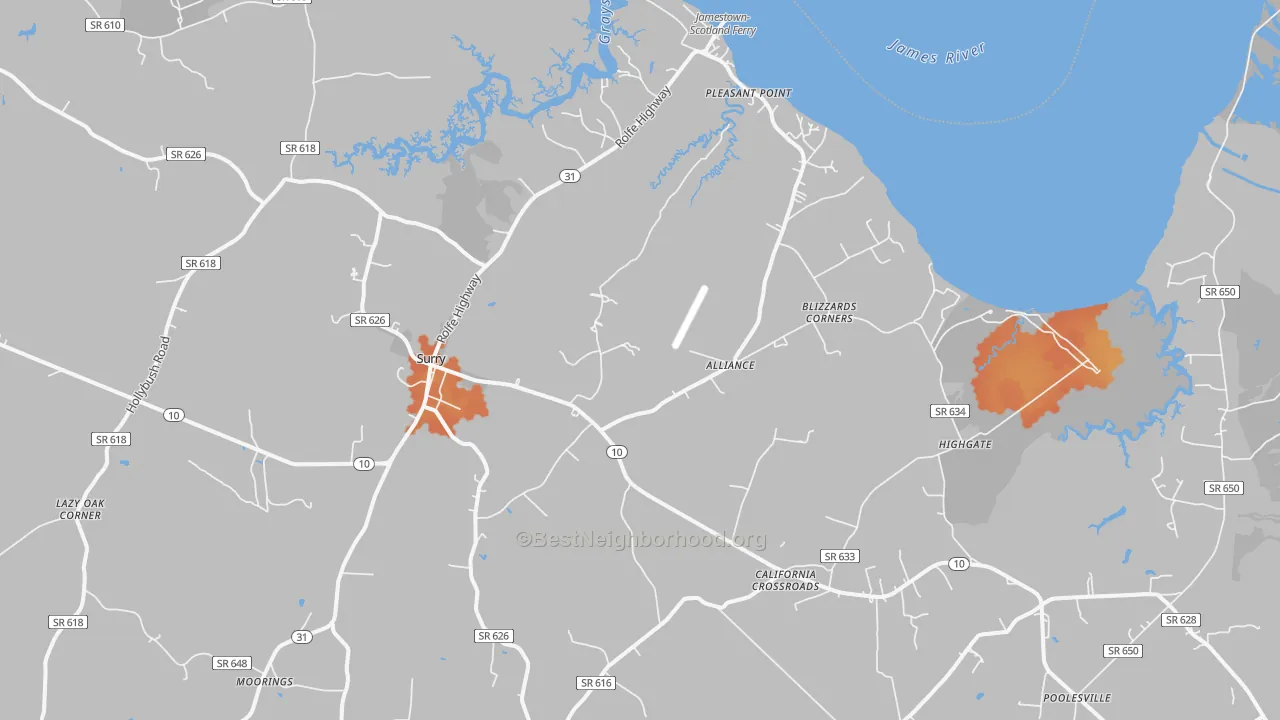 Bike Grade map of Surry, VA