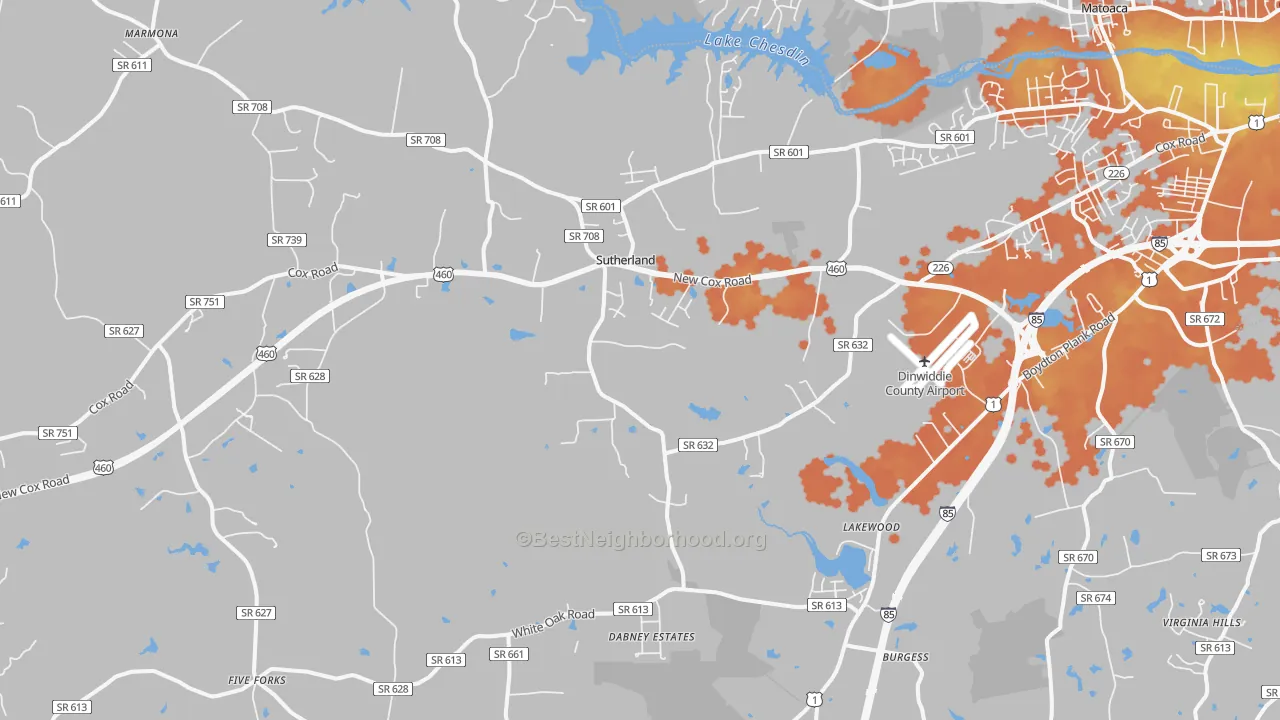 Bike Grade map of Sutherland, VA