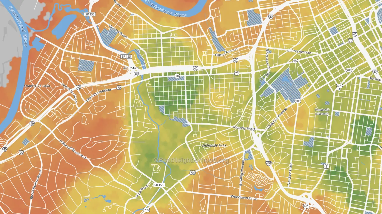 Bike Grade map of Sylvan Park, Nashville, TN