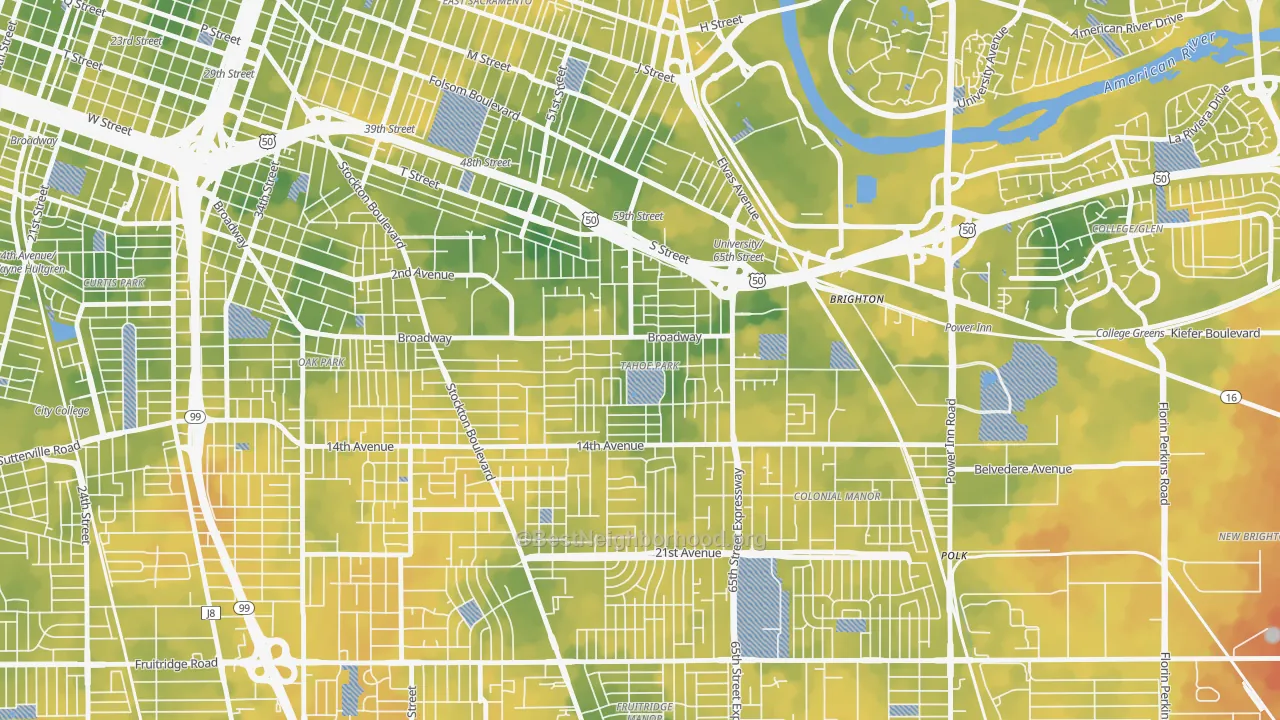 Bike Grade map of Tahoe Park, Sacramento, CA
