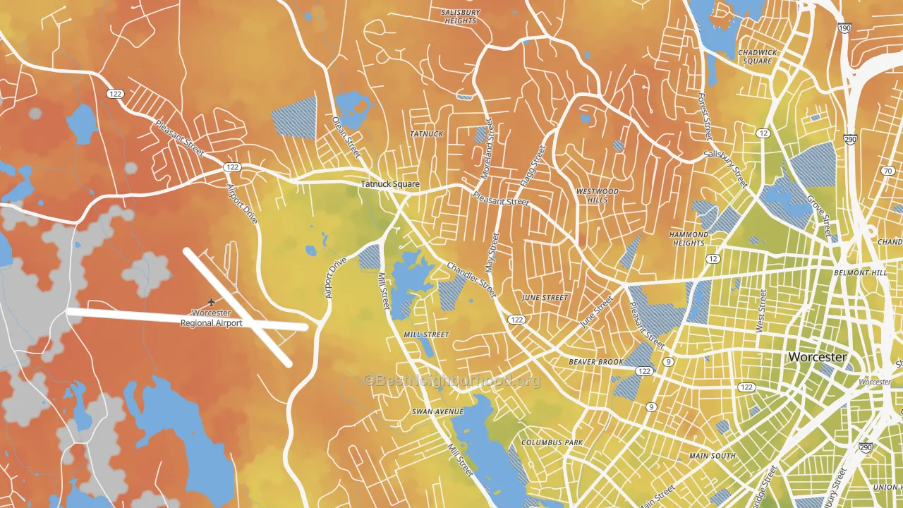 Bike Grade map of Tatnuck, Worcester, MA