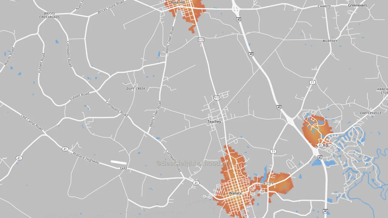 Bike Grade map of Teachey, NC