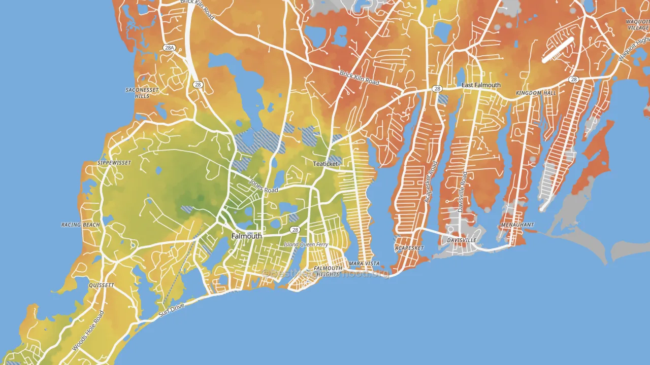 Bike Grade map of Teaticket, East Falmouth, MA