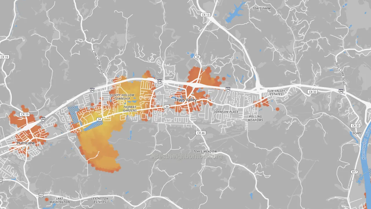 Bike Grade map of Teays Valley, WV