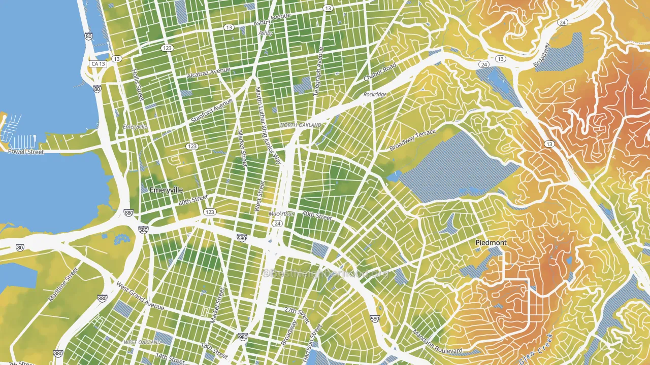 Bike Grade map of Temescal, Oakland, CA