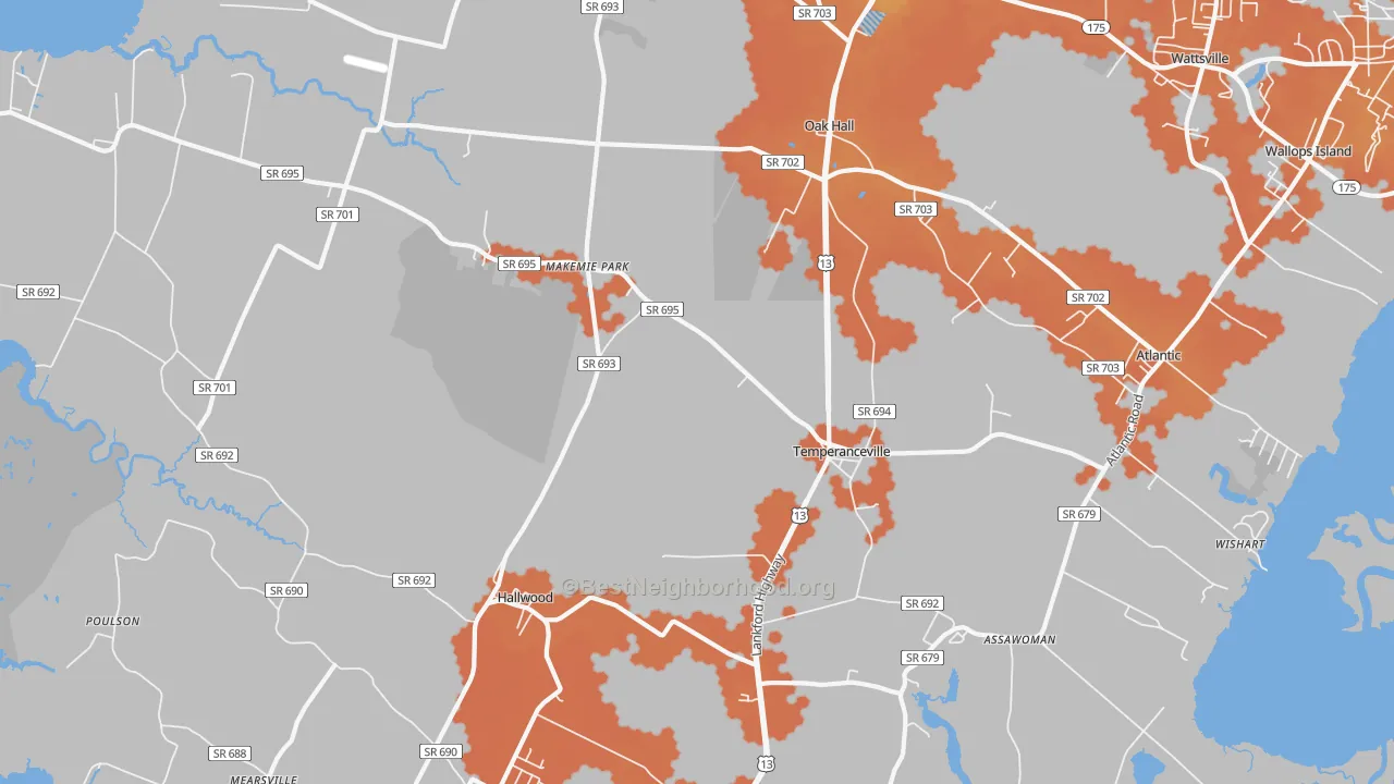 Bike Grade map of Temperanceville, VA