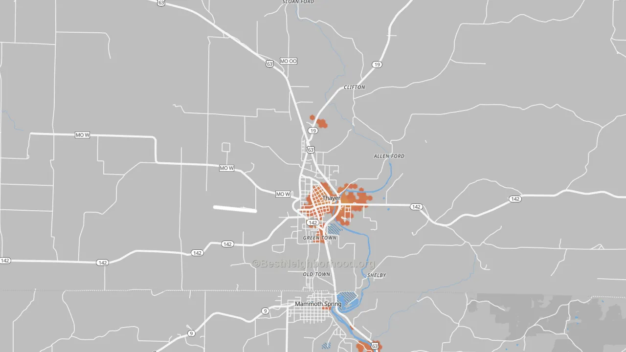 Bike Grade map of Thayer, MO