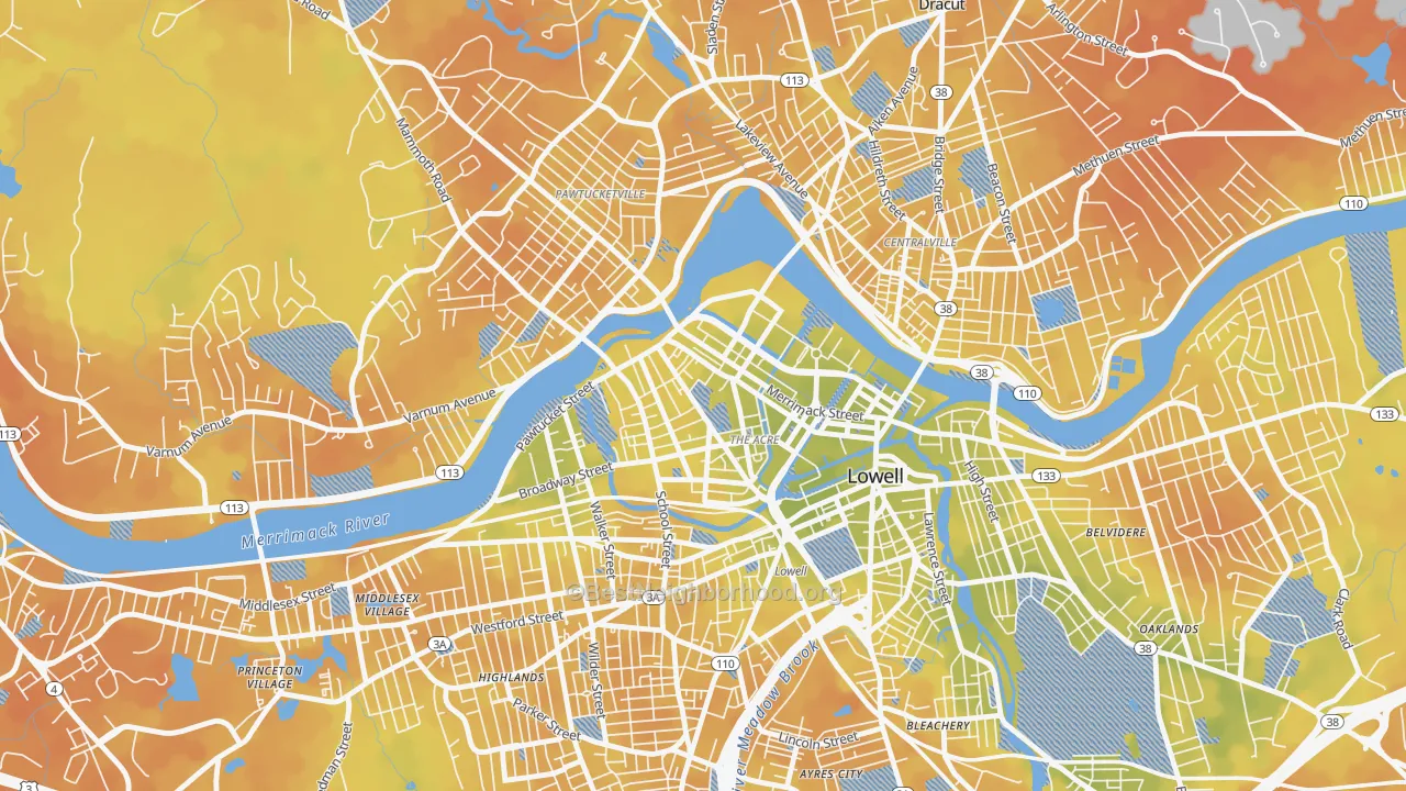 Bike Grade map of The Acre, Lowell, MA