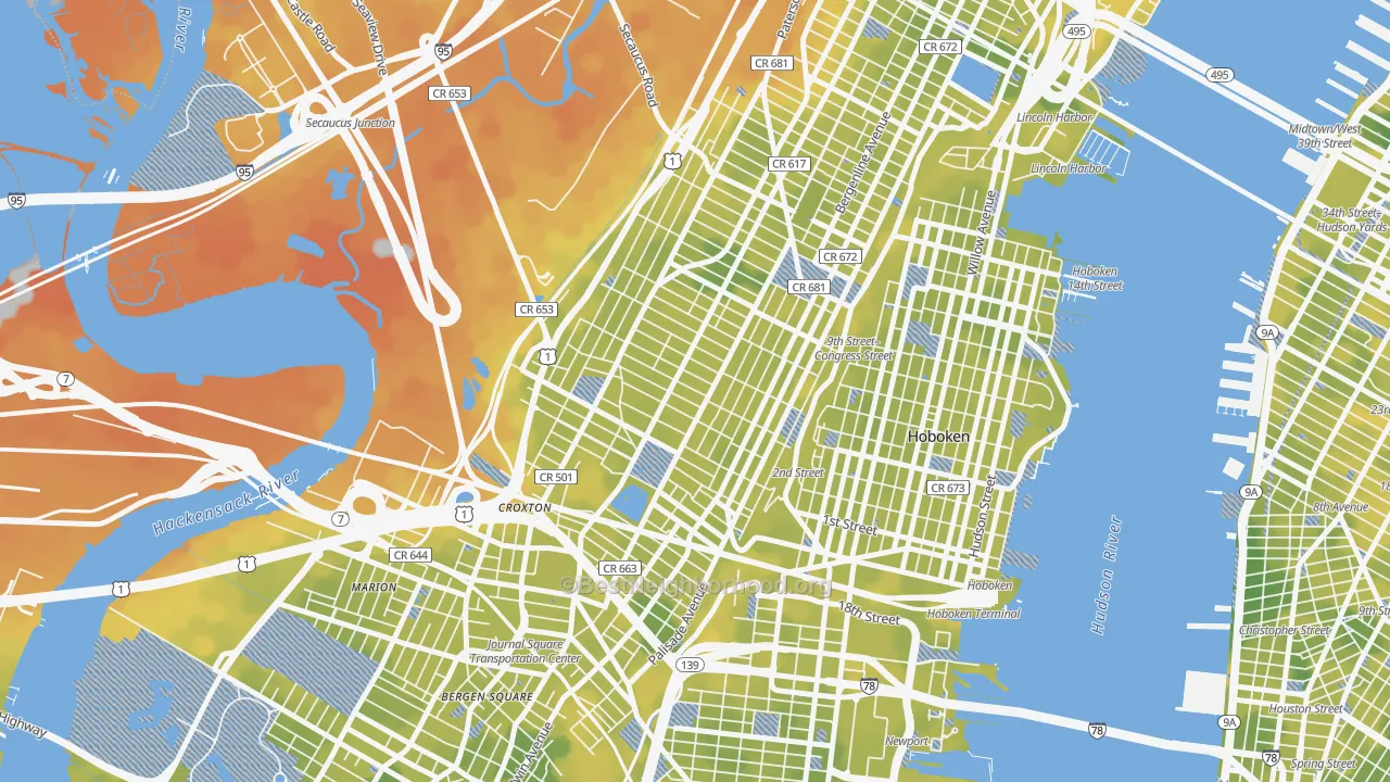 Bike Grade map of The Heights, Jersey City, NJ