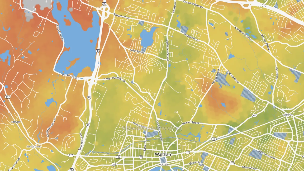 Bike Grade map of The Lanes, Waltham, MA