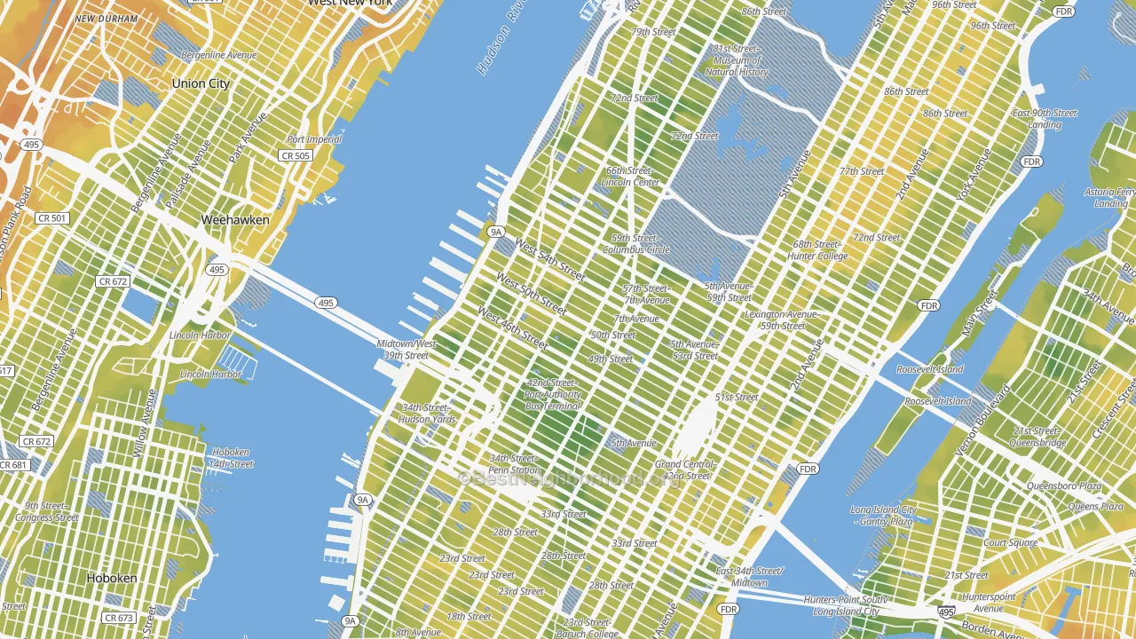 Bike Grade map of Theater District, Manhattan, NY