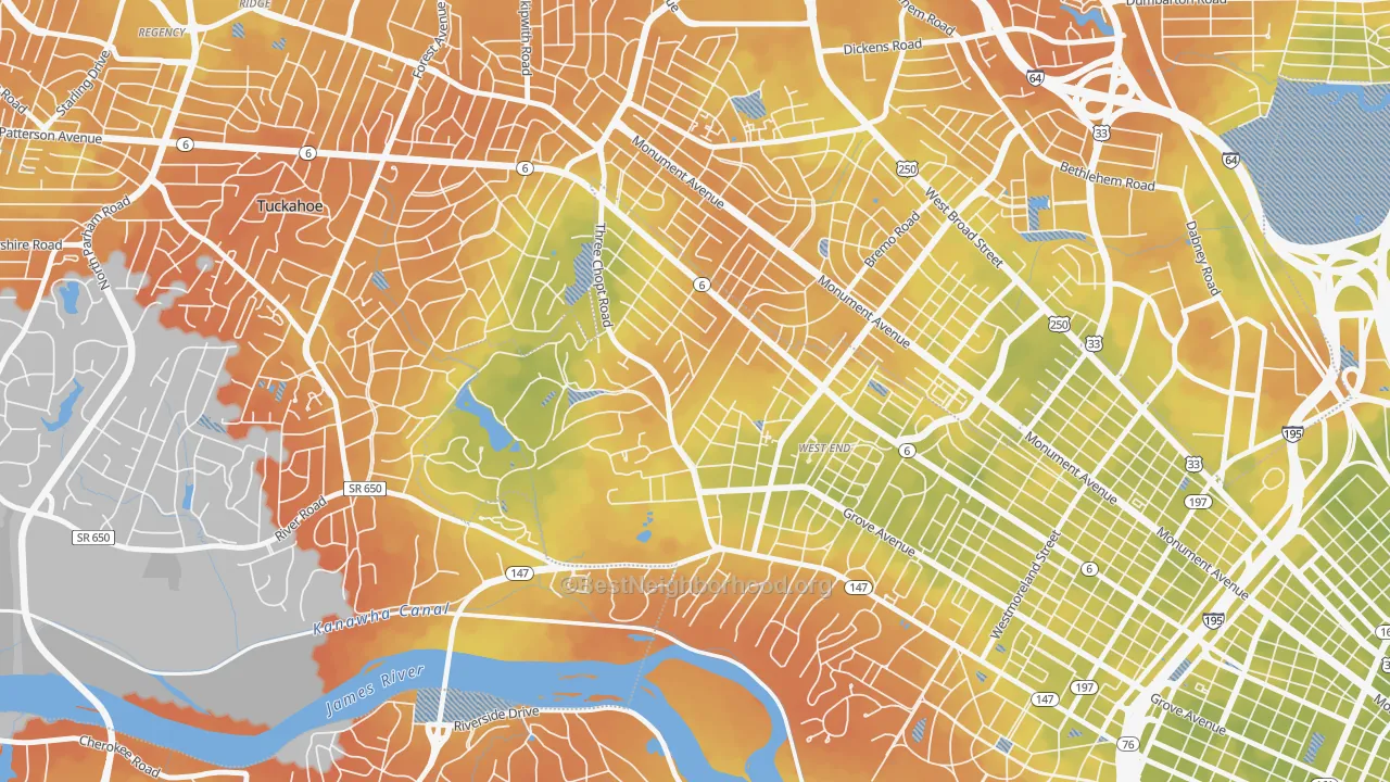 Bike Grade map of Three Chopt, Richmond, VA