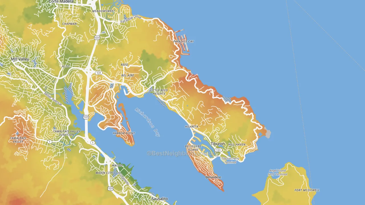 Bike Grade map of Tiburon, CA