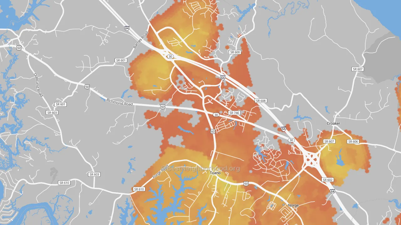 Bike Grade map of Toano, VA