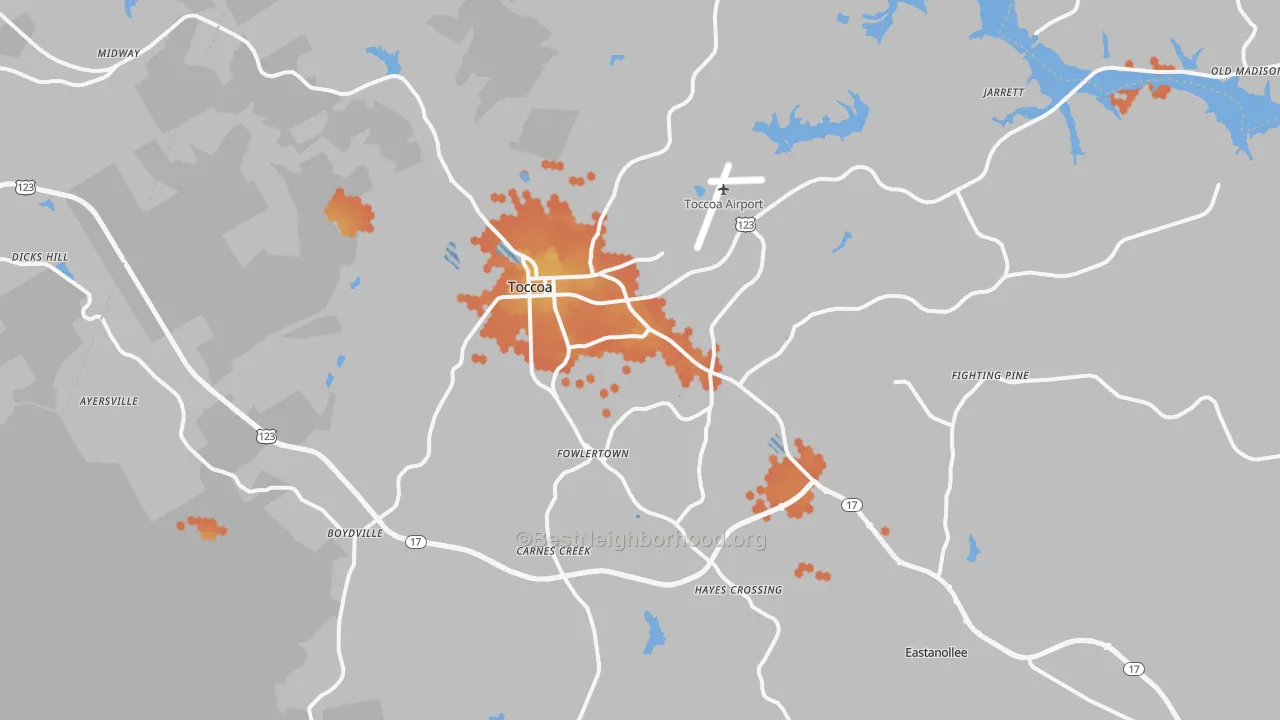 Bike Grade map of Toccoa, GA