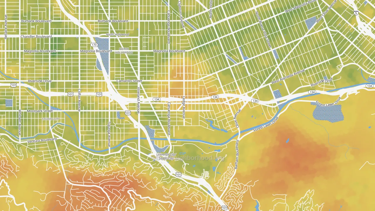 Bike Grade map of Toluca Lake, North Hollywood, CA