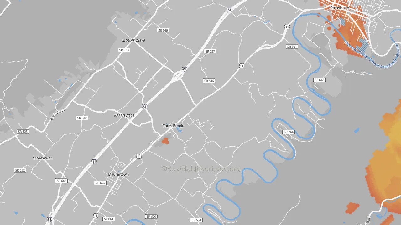 Bike Grade map of Toms Brook, VA